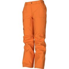 an orange snowboard pant with pockets on the bottom and one leg in front