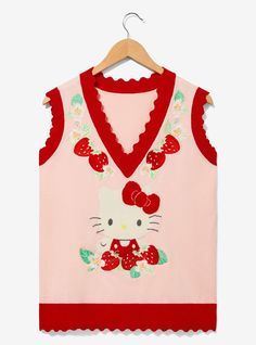 Keep a classic look with this Hello Kitty vest! This top features the iconic cat in red overalls and a matching bow  while strawberries and white flowers are embroidered along the neckline. Scalloped edges embellish the hems  perfect for pairing with a ruffled top or wearing as is.A BoxLunch Exclusive!50% rayon; 30% recycled polyester; 20% nylonListed in women's sizes; unisex silhouetteWash cold with like colors; dry lowImported Red Sleeveless Top With Cherry Print, Sleeveless Red Top With Cherry Print, Spring Fitted Hello Kitty Tops, Fitted Hello Kitty Top For Spring, Fitted Hello Kitty Tops For Spring, Cute Sleeveless Strawberry Print Top, Cute Sleeveless Top With Strawberry Print, Red Sleeveless Top With Strawberry Print, Sweet Sleeveless Fitted Top