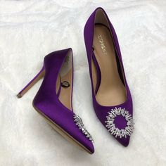 Brand New Without Tags. Express Satin Stiletto. Pointy Toe. Rhinestone Detail Sparkle Shiny Heel High Heel Glittery Satiny Satin Purple Purple High Heels, Bronze Heels, Bow High Heels, Open Toed Shoes, Black Peep Toe Heels, Pointy Heels, Strappy Pumps, Silver High Heels, Block Heel Shoes