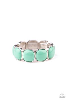 Minty Biscay Green beads are pressed into sleek silver fittings that slide along stretchy bands around the wrist, creating a vivacious pop of color.

 Sold as one individual bracelet. Bracelet Online, Stretchy Bracelets, Paparazzi Accessories, Paparazzi Jewelry, Green Bead, Jewelry Party, Silver Frame, Turquoise Bracelet, Silver Bracelet