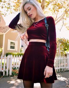 Handmade and Made to Order available in size S, M, and L. 2-piece Crop Top and Skirt Set **Shown in Burgundy** *Solid Velvet *High Waist *Skater Skirt *Long Sleeve *Stretch Velvet Model- Lauren Calaway travelsizesupermodel.com Photo- Scott Ford Velvet Homecoming Dress, Bentuk Alis, Rok Outfit, Haine Diy, Long Sleeve Velvet Dress, Stil Inspiration, Velvet Skirt, Valentine's Day Outfit, Modieuze Outfits