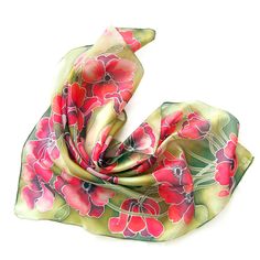 Poppy silk scarf is a striking hand painted square scarves made with natural silk. Featuring a beautiful group of poppies on a green background, this versatile scarf is both romantic and elegant. Size: -22 x 22 in ( 55 x 55 cm) IN THE PICTURES -34 by 34 in (88 by 88 cm) Silk: 100% natural Habotai Light (delicate, semi - transparent and a bit glossy) Delicate yet eye-catching, this beautiful silk scarves is perfect gift for every woman. Flowers are stylized in Art-Nouveau style. Great gift for Mo Green Floral Print Scarves As Gift, Green Floral Print Scarf For Gift, Artistic Green Silk Scarf With Floral Print, Painted Silk Scarves, Silk Scarfs, Scarf Square, Silk Gifts, Square Silk Scarf, Hand Painted Silk Scarf