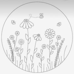 a drawing of flowers and bees on a white circle with the words, bee in flight