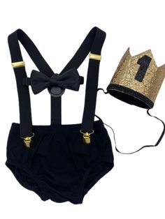 Black & Gold Smash the Cake Outfit - beecutebaby Fitted Black Sets For Birthday, Black Fitted Sets For Birthday, Black Cotton Party Sets, Royal Blue Bow Tie, 1st Birthday Crown, Cake Smash Outfit Boy, Cake Outfit, Red Suspenders, Black Cake