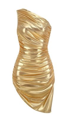 ONE SHOULDER RUCHED MINI DRESS IN GOLD Gold Party Dresses, Gold Party Dress, Elegant Mini Dress, Cocktails Bar, Ruched Mini Dress, Neckline Designs, Most Beautiful Dresses, Gold Party, Color Dorado