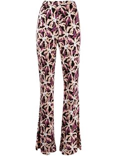 grape purple/black/multicolour stretch-design all-over floral print high waist elasticated waistband slip-on style skinny cut flared design straight hem Dvf Diane Von Furstenberg, Flared Trousers, Flare Trousers, Bell Bottom Pants, Purple Black, Von Furstenberg, Fashion Board, Diane Von, Diane Von Furstenberg