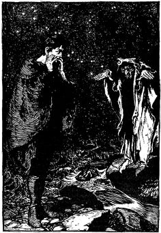 an old black and white drawing of two men in the woods, one holding his head