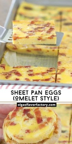 an egg and cheese breakfast sandwich is shown with the text, sheet pan eggs omelet style