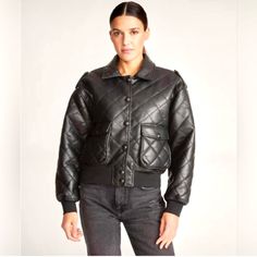 New-Rebecca Minkoff Black Quilted Jacket. Button Up, Pockets. Size Medium Black Shearling Coat, Leather Puffer Jacket, Black Quilted Jacket, Moto Biker Jacket, Pu Leather Jacket, Trim Jacket, Faux Leather Moto Jacket, Leather Moto Jacket, Black Quilt