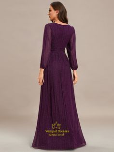 Purple Wisteria Maxi Chiffon V-Neck Long Sleeve Evening Gown Empire Waist Maxi, Purple Wisteria, Evening Gowns With Sleeves, Long Sleeve Evening Gowns, A Line Evening Dress, Chiffon Evening Dresses, Long Bridesmaid Dress, Gowns With Sleeves, Long Prom Dress