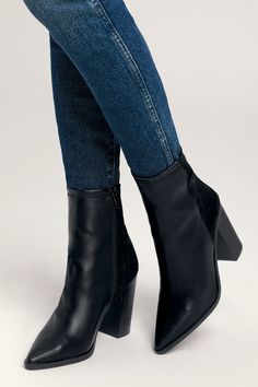 The Essex Black Mid-Calf Booties are so cute, you'll want to pair them with every outfit! Soft, vegan leather shapes a pointed toe upper, and rises into a fitted, 8"" shaft with a 9.5"" circumference and a zipper at instep, and contrasting vegan suede heel. Pair these essential boots with a mini skirt for a chic look! 3. 75" stacked wood-look block heel. Lightly cushioned insole. Felted rubber sole has nonskid markings. All Man Made Materials. Imported. Lulus | Essex Black Mid-Calf Booties | Siz Block Heel Boots Outfit, Black Booties Outfit, Black Block Heel Boots, Muslim Clothes, Trendy High Heels, Womens Suede Boots, Cute High Heels, Womens Black Booties, Vegan Boots