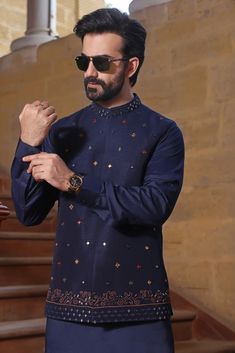 Premium Atlas Blended Fabric  Color Navy Blue  Suit Navy Blue  Waist Coat Self Print Italian Thread  Metal Buttons Finest Stitch Branded Design Custom Sizes are also available. Traditional Semi-stitched Nehru Jacket For Eid, Semi-stitched Long Sleeve Salwar Kameez With Pallu, Ceremonial Kurta With Dupatta For Festivals, Semi-stitched Chanderi Sherwani With Long Sleeves, Traditional Long Sleeve Churidar For Navratri, Festive Straight Kurta Bandhgala With Dabka Work, Unstitched Wedding Sets With Motifs, Resham Embroidery Bandhgala Straight Kurta, Chanderi Long Sleeve Sets With Multicolor Embroidery