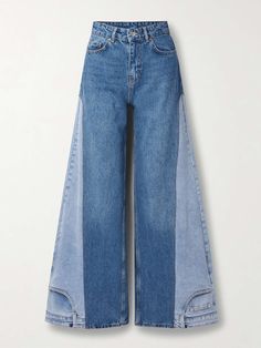 BETTTER + NET SUSTAIN two-tone high-rise wide-leg jeans | NET-A-PORTER Unique Black Jeans, Upcycled Wide Leg Jeans, What To Make With Denim Fabric, Two Jeans In One, Jean Pants Design, Interesting Pants Design, Two Tone Denim Jeans, Upcycle Denim Jeans Diy Projects, Denim Upcycling Ideas