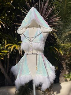 Size XS/S Set Includes (3) : -Top  -Skirt   -Hood Lights All Night Outfits Rave, Hooded Rave Outfit, White Bunny Outfit, Club Rave Outfit, Mermaid Festival Outfit, Rave Fairy Outfits, Nye Rave Outfit, Easy Rave Outfits, Burning Man Festival Outfits