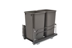 two gray trash cans sitting next to each other on top of a metal rack with wheels