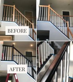 the steps before and after being painted white with red railings on each handrail