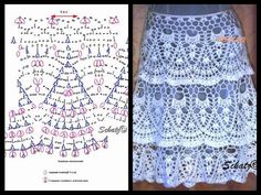 crochet patterns for skirts are shown in two different pictures, one is white and the other is blue