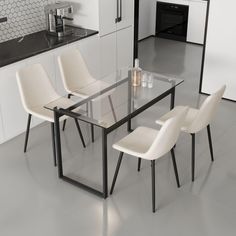 a glass table with four chairs around it in a white and black kitchen area next to an oven