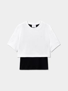 This double-layered t-shirt features sleeveless and short sleeved panels. It is accentuated with signature logo embroidery detail at chest.  - Natural, regular fit- Basic crewneck and short sleeved design- Unique layered panels at hem- Comfortable dropped shoulders- Casual, stylish mood White Short Sleeve Top For Layering, Basic Crewneck, Layered Short, Layered T Shirt, Casual Stylish, Embroidery Details, Logo Embroidery, Signature Logo, Embroidery Logo