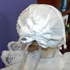 "NOTE: These are handmade bonnets. The photos are examples of my previous work. Your bonnet will be monogrammed to your specifications. This classic and simple keepsake handkerchief bonnet has a delicate crochet lace trim around the entire perimeter of the bonnet. The bonnet is ideal for wear on special occasions such as baby's first trip home from the hospital, Christening, First Communion or any other event where friends and family gather. To secure the bonnet to baby's head are two double-sid Handkerchief Bonnet, Monogrammed Handkerchiefs, Lace Hankies, Personalized Handkerchiefs, Delicate Crochet, Crochet Lace Trim, Baby Bonnet, Box Handmade, Baby Head