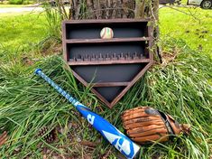 a baseball bat, glove and ball are sitting in the grass next to a tree