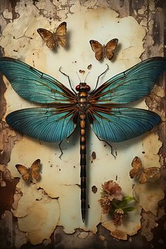 a blue dragonfly sitting on top of a piece of paper next to two brown butterflies