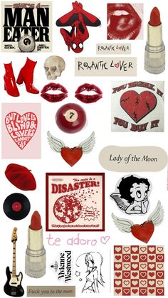 many different stickers and decals are arranged on a white background with red accents