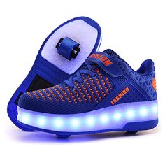 PRICES MAY VARY. 【Chargable and Color Changing 】These roller shoes have 7 color LED lights with USB charge ( switch and the charging port is hidden under the magic tape), 16 light up modes,press the switch to change the light color, hold it 3 seconds to turn off.we provide the charge cable.Roller Skate shoes need 1-2 hours to charge full and last for about 6 hours 【Multifunctional shoes】They can be double wheels ,single wheel and normal shoes ! The wheels can be removed freely and transform them Sneakers With Wheels, Skate Boy, Basketball Clothing, Skates Shoes, Roller Skate Shoes, Roller Shoes, Led Shoes, Soccer Sports, Light Up Shoes