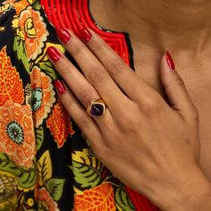 The Story A chic and unusual ring by the Swedish designer Stigbert. Made from 18 karat yellow gold in 1966, the focal point of the ring is a sugarloaf amethyst cabochon in a deep purple color. The tall stone sits up with a sculptural quality. With it's high profile and unique design, this ring is a chic and special piece. It feels amazing on the finger and looks fantastic on its own or worn with other favorite pieces. The Specs Style Number: R3103 Vintage, 1966 18 karat yellow gold Amethyst: sug Formal Fine Jewelry Signet Ring With Cabochon, Formal Cabochon Signet Ring, Luxury Amethyst Cabochon Ring For Formal Occasions, Luxury Formal Cabochon Amethyst Ring, Luxury Formal Amethyst Cabochon Ring, Luxury Yellow Gold Amethyst Ring Oval Cabochon, Luxury Yellow Gold Amethyst Ring With Bezel Setting, Formal Yellow Gold Amethyst Ring With Bezel Setting, Fine Jewelry Open Amethyst Ring For Formal Occasions