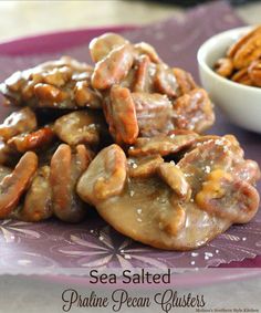 sea salted pretzel pecan clusters on a purple plate