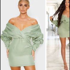 Brand New. Dresses On Black Women, Green Off The Shoulder Dress, Sage Green Dresses, Black Babydoll Dress, Sage Green Dress, Corduroy Overall Dress, Green Dresses, Corset Mini Dress, Dress Shirt Sleeves