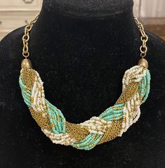 Vintage Gold Tone Green Beaded Braided Statement Necklace  In excellent condition  Total length unclasped and lying flat is 21" Metal Beads Multi-strand Jewelry, Multi-strand Metal Beaded Jewelry, Adjustable Multi-strand Beaded Chain Necklace, Adjustable Beaded Bohemian Chain Necklace, Adjustable Beaded Chain Necklace For Jewelry Making, Adjustable Costume Jewelry Beaded Necklace, Beaded Multi-strand Chain Necklace Costume Jewelry, Beaded Multi-strand Chain Necklace In Costume Jewelry Style, Adjustable Costume Jewelry Beaded Necklace With Gold Beads