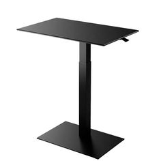 a black table with a square top and metal base on an isolated white background,