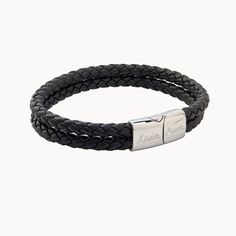 Worn on its own or stacked, our Men’s Personalized Double Leather Braid Bracelet is a great gift for the men in your life. Hand-engrave a special name or date onto the clasp for a subtle yet sentimental touch. Materials: Stainless Steel and Black LeatherLength: 8Thickness: 0.4Hand-engraved in our Paris workshopSent with love in a complimentary gift boxAny slight variations in lettering depth, spacing and alignment from the examples shown are part of the aesthetic and originality of the piece Classic Rectangular Leather Bracelets, Classic Rectangular Leather Bracelet, Elegant Adjustable Engraved Leather Bracelet, Everyday Stainless Steel Bracelet With Leather Strap, Black Engraved Bracelets For Everyday, Classic Adjustable Jubilee Bracelet Wristband, Stainless Steel Double Band Bracelet For Gift, Elegant Everyday Engraved Leather Bracelet, Classic Adjustable Jubilee Wristband