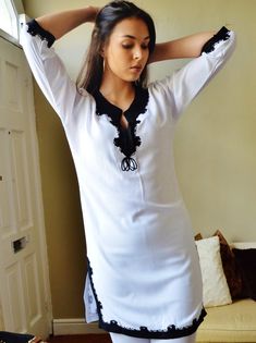 Winter Trend Bohemian White with Black Embroidery Moroccan Tunic Khalia-perfect for birthday gifts, Autumn Trends, Sequins Dress, Unique Embroidery, Black Embroidery, Holiday Wear, Autumn Dress, Gold Embroidery, Winter Trends, Vacation Dresses