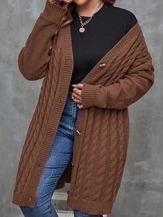 Plus Size Women's Simple Solid Color Daily Long Sleeve Cardigan Coffee Brown Casual  Long Sleeve Fabric Colorblock,Plain  Slight Stretch Fall/Winter Women Plus Clothing, size features are:Bust: ,Length: ,Sleeve Length: Brown Long Sleeve Cable Knit Outerwear, Brown Long Sleeve Winter Cardigan, Brown Long Sleeve Sweater Coat For Winter, Brown Cable Knit Long Sleeve Outerwear, Trendy Brown Sweater Coat For Layering, Brown Knit Long Sleeve Sweater Coat, Fall Cable Knit Brown Sweater Coat, Brown Long Sleeve Cable Knit Sweater Coat, Brown Buttoned Cardigan For Fall