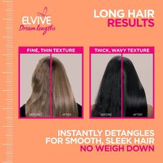 Long hair goals? Save that last inch. Dream Lengths Heat Slayer Pre-Iron Spray Leave-In protects against heat damage up to 450F degrees. Elvive Dream Lengths system of shampoo, conditioner, treatments, and dry shampoo cares for long hair and magnifies looks for the long hair of your dreams. Apply on clean, damp hair, spray evenly 6-8 inches away from hair. Flat iron it as usual. Long Hair Goals, Cheap Perfume, Paris Dream, Good Shampoo And Conditioner, Thick Curly Hair, Hair Help, Hair Solutions, Best Shampoos, Sleek Hairstyles