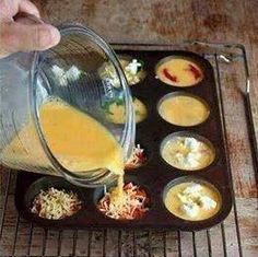 someone pouring orange juice into a muffin tin filled with different types of food items