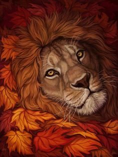 a painting of a lion surrounded by leaves