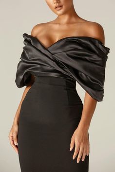 Maribel Crepe Ruffle Shoulder Dress (Black) – Alieva Elegant Voluminous Evening Dress For Party, Fitted Ruffled Dress For Gala, Dressy Off-shoulder Evening Dress, Elegant Off-shoulder Mini Dress With Draped Sleeves, Elegant Off-shoulder Mini Dress For Dinner, Elegant Black Evening Dress With Draped Sleeves, Chic Off-shoulder Ruched Evening Dress, Elegant Voluminous Evening Dress, Glamorous Black Ruched Evening Dress