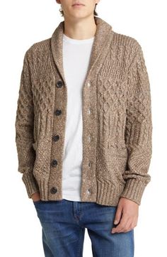 Chunky and warm, this cardigan knit with cotton and yak down features a mix of classic textures and a shawl collar for added coverage in the cold. 29" length (size Medium) Front button closure Shawl collar Long sleeves Ribbed cuffs and hem Front welt pockets 63% cotton, 15% acrylic, 15% nylon, 7% yak Hand wash, dry flat Imported Winter Cotton Cable Knit Cardigan, Winter Cable Knit Sweater With Shawl Collar, Cable Knit Cotton Sweater Coat For Fall, Winter Cable Knit Cotton Cardigan, Chunky Knit Cotton Outerwear For Fall, Cable Knit Shawl Collar Cardigan For Winter, Winter Cotton Cable Knit Sweater Coat, Wool Long Sleeve Cable Knit Sweater Coat, Winter Cable Knit Cotton Sweater Coat