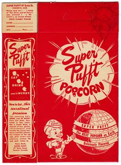 an old book with the title super pufft popcorn written in red and white on it