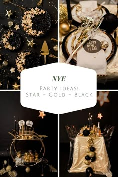 black and gold party decorations with stars on them