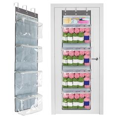 an open refrigerator with two shelves filled with cupcakes