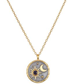 A celestial night sky shines in 18kt gold plate against a gunmetal background, creating a meaningful pendant necklace. A sapphire accent, September's birthstone, symbolizes trust, protection and love. Set on a 16" chain, this birthstone necklace has an extender finished with a sparkling gold star for added length and delicate detail As the celestial bodies navigate the sky, they serve as a compass by which we map our dreams: heavenly symbols of guidance, direction, and inspiration. Sapphire is the stone of trust, protection, and love, and the birthstone of September. Pendant size - 16mm Necklace length - 16" with 3" extension chain 18kt gold plate & gun metal over brass 223452-1 Celestial Moon-shaped Jewelry For Meditation, Celestial Moon Jewelry For Meditation, Celestial Crescent Jewelry For Meditation, Celestial Birthstone Necklaces, Celestial Moon-shaped Birthstone Jewelry, Celestial Moon Shaped Birthstone Jewelry, Celestial Crescent Jewelry With Birthstone, Celestial Crescent Jewelry For Healing, Celestial Jewelry With Sun And Moon Design For Healing