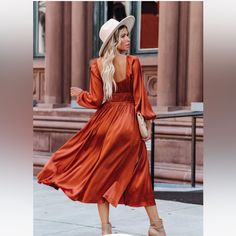 Rust Colored Satin Material Vici Collection Midi Dress With Adjustable Tie Bust. New Without Tags. Smoke Free, Pet Friendly Home. Prom Dress Sequin, Flowy Gown, Sequin Pants, Black Tie Affair, Dress Sequin, Peasant Style, Elegant Pattern, Long Sleeve Dresses, Style Upgrade