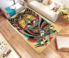 a living room area rug with an eagle design on it