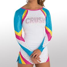 a woman wearing a white and blue bodysuit with the word crush on it