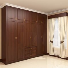 an empty room with large wooden cabinets and white tile flooring, along with beige drapes on the windows