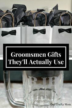 there are many bags in the blender with black bow ties on them and text that reads, groomsmen gifts they actually use